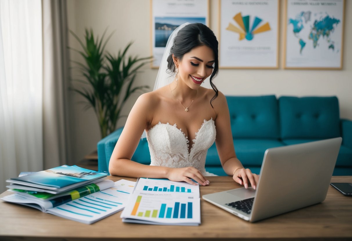 A bride sits at a desk with a laptop, surrounded by travel brochures and budget spreadsheets. She is calculating expenses for a destination wedding