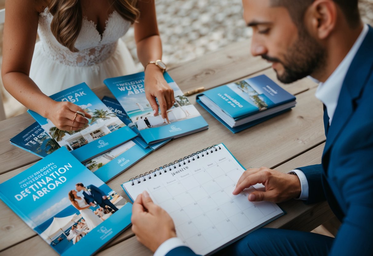 A couple surrounded by travel brochures and a calendar, discussing wedding dates and locations for a destination wedding abroad