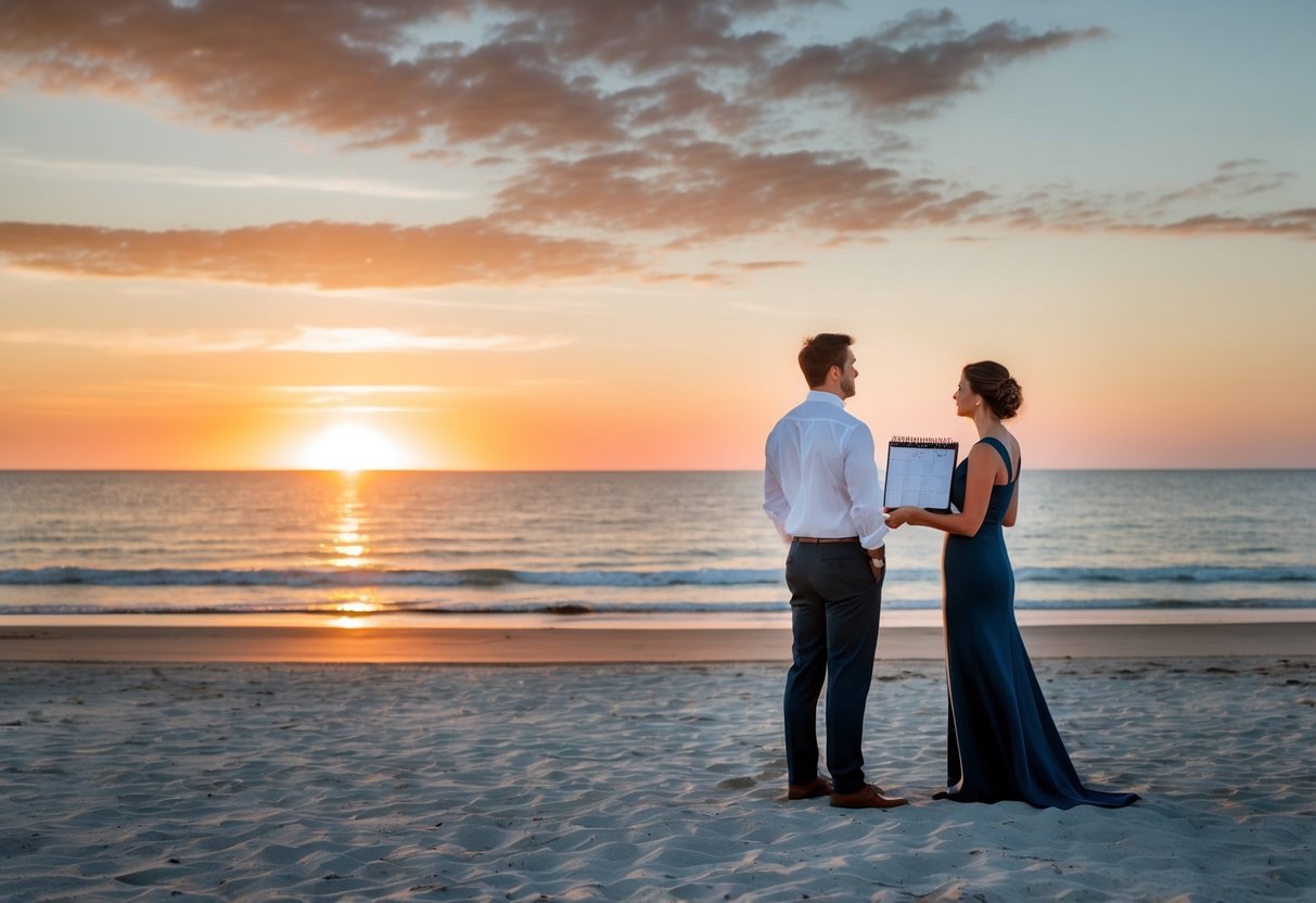 A couple stands on a sandy beach, gazing at a picturesque sunset over the ocean. A wedding planner holds a calendar, discussing dates and details with them