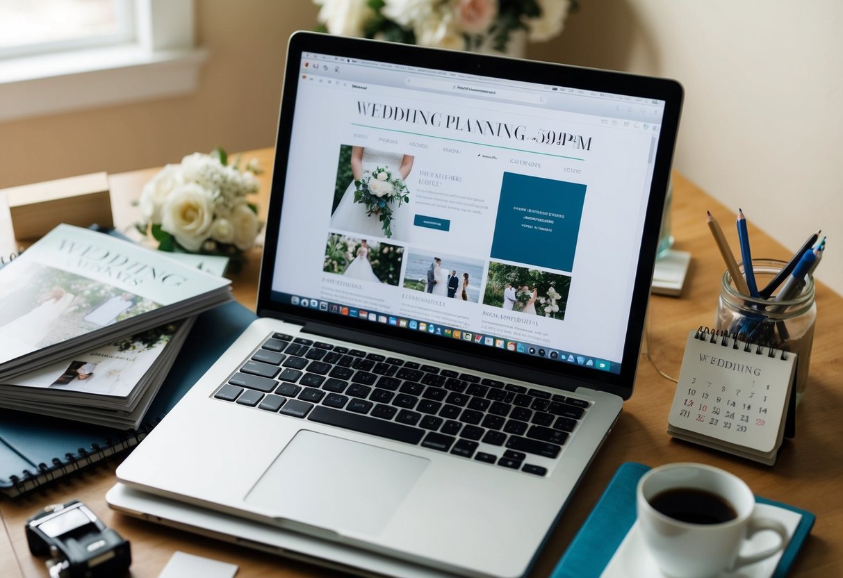 A cluttered desk with wedding magazines, a calendar, and a notebook. A laptop open to a wedding planning website