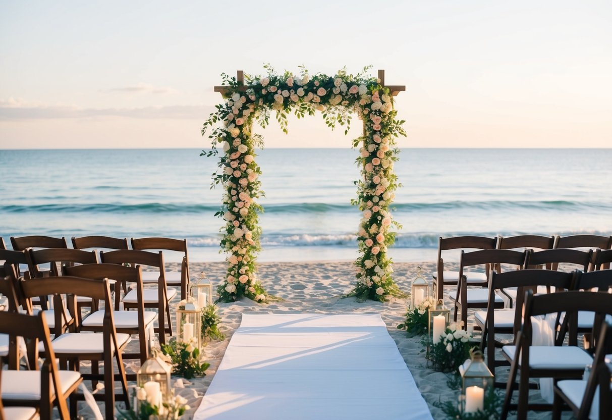 A serene beach setting with a floral arch and chairs arranged for a wedding ceremony. The sun is setting, casting a warm glow over the scene