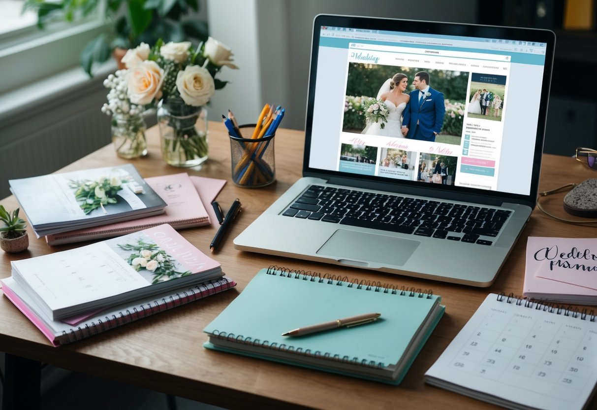 A cluttered desk with wedding magazines, notebooks, and a calendar. A laptop open to a wedding planning website