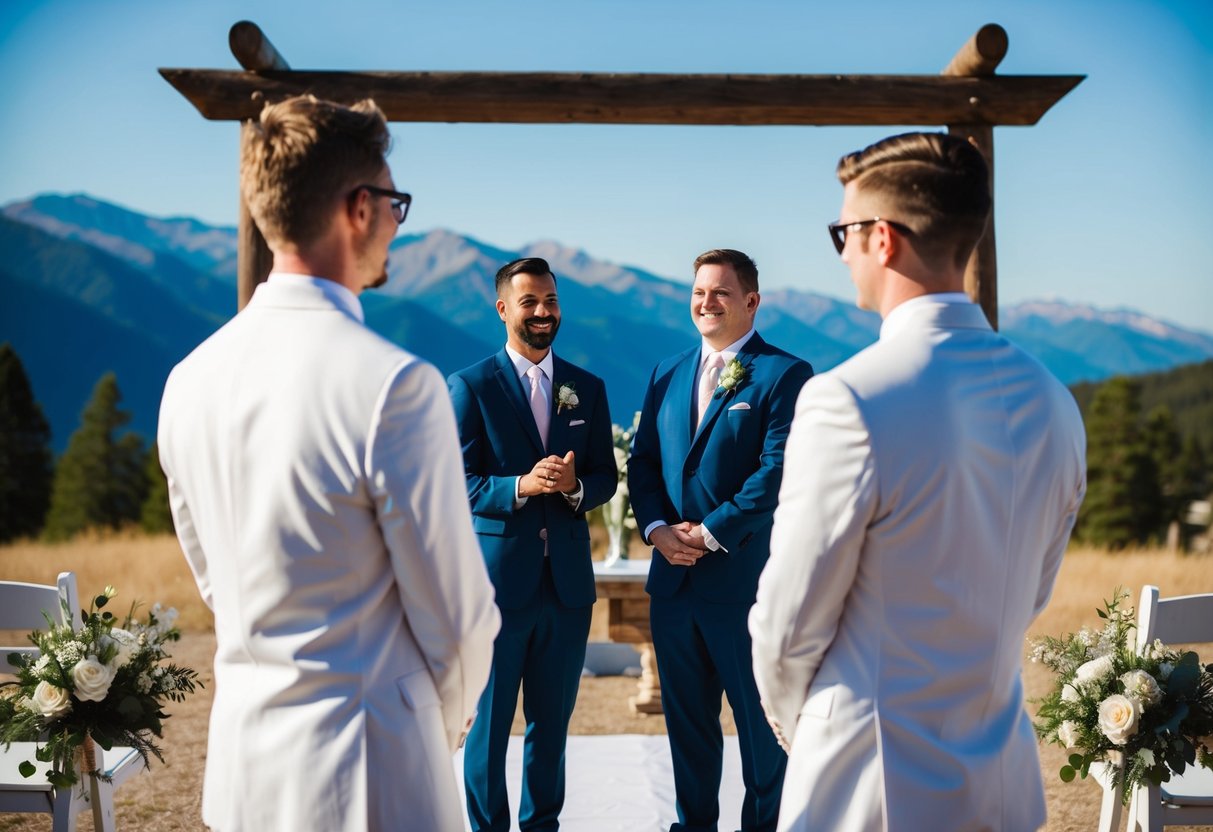 Two groomsmen stand at the altar, one on each side. The setting is a rustic outdoor wedding with a beautiful backdrop of mountains and a clear blue sky