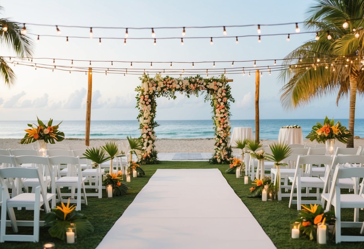 A beachfront ceremony with white chairs and a floral arch. A reception area with string lights, long tables, and tropical centerpieces