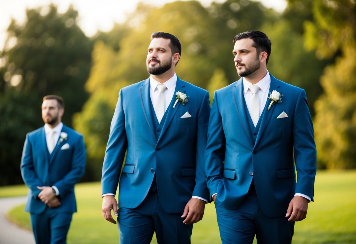 Two groomsmen standing side by side, one slightly taller than the other. They are dressed in matching suits and are looking confidently ahead