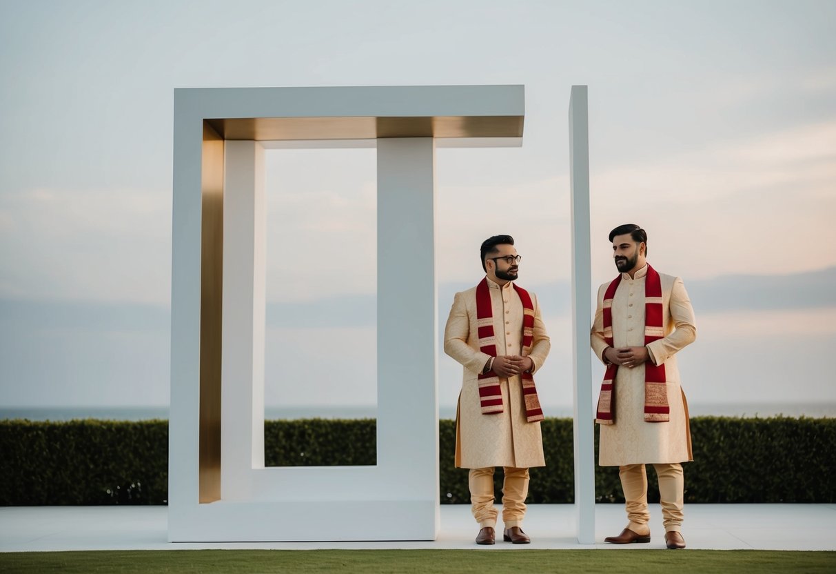 Two groomsmen in traditional attire stand next to a modern, minimalist wedding arch, symbolizing the clash between old and new wedding customs