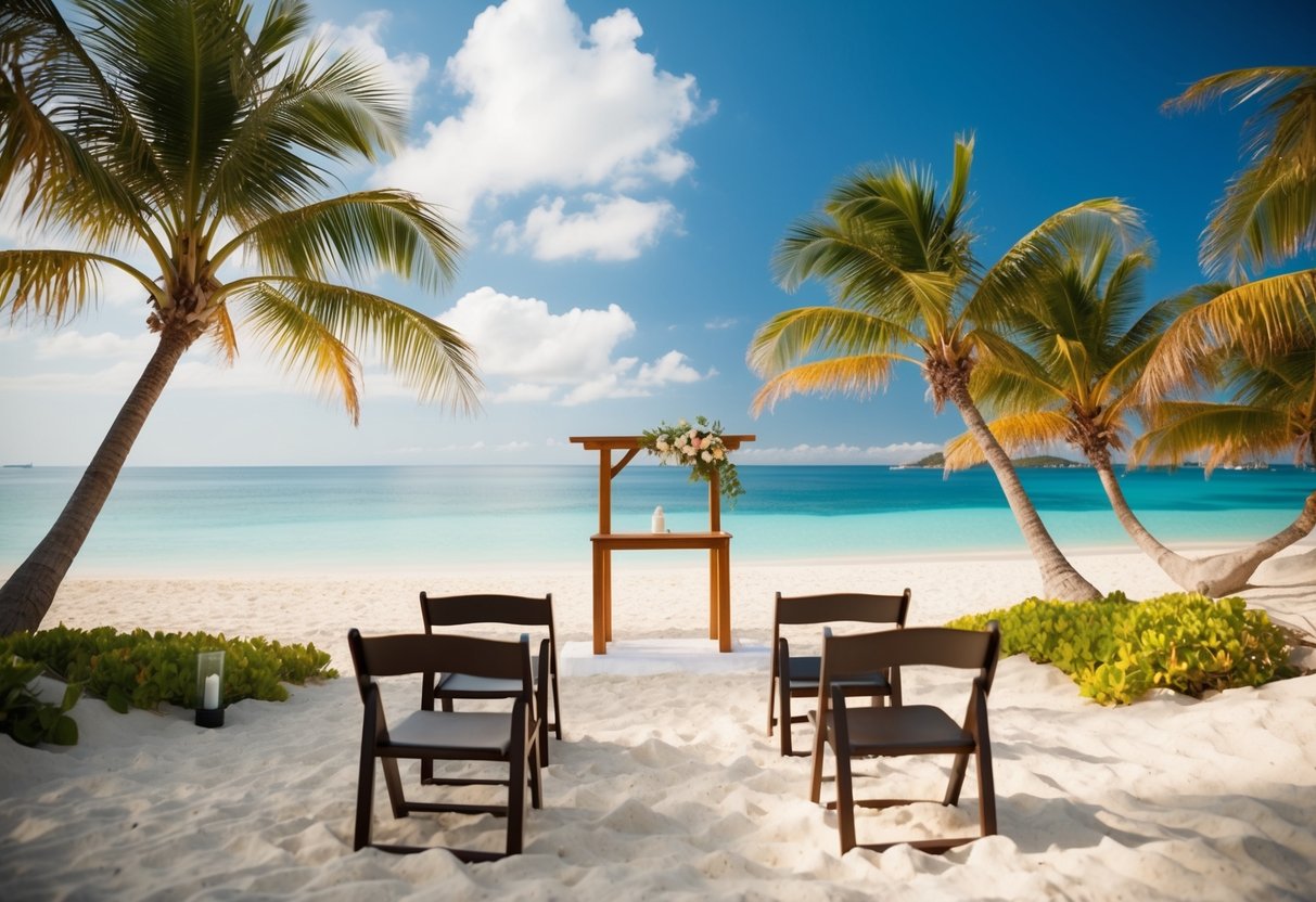 A picturesque beach with a simple wooden altar, surrounded by palm trees and overlooking crystal clear waters