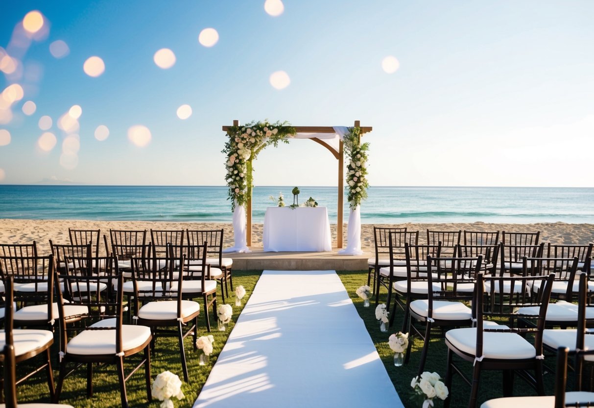 A beachfront wedding venue with chairs, an altar, and a scenic backdrop of the ocean