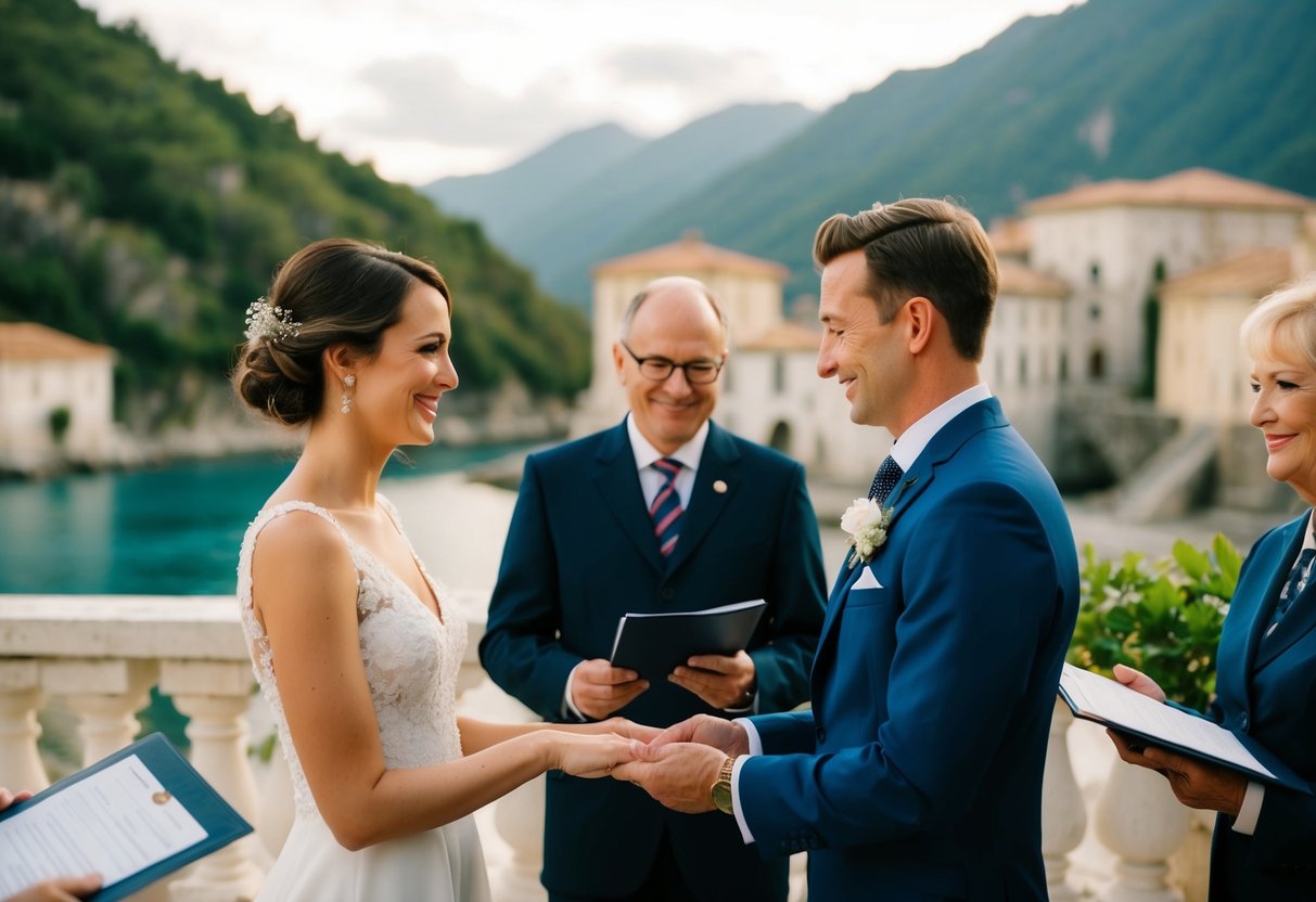 A couple exchanging vows in a picturesque foreign setting, surrounded by legal documents and a local official