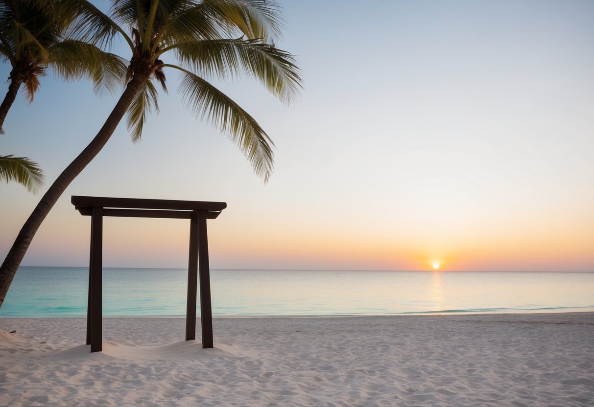 A serene beach at sunset, with a simple wooden arch and soft, white sand. Palm trees sway in the breeze, and a calm, turquoise ocean stretches out to the horizon