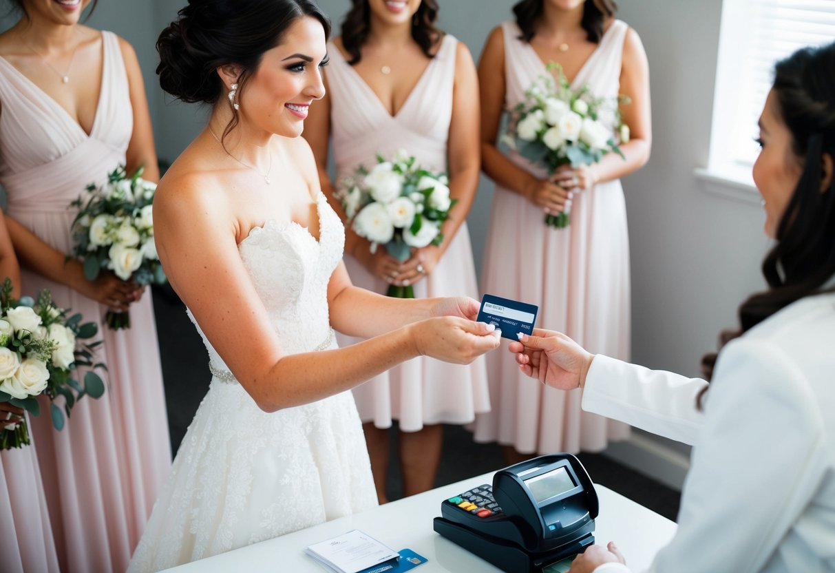 A bride handing over a credit card to a cashier while surrounded by her bridesmaids holding dresses and accessories