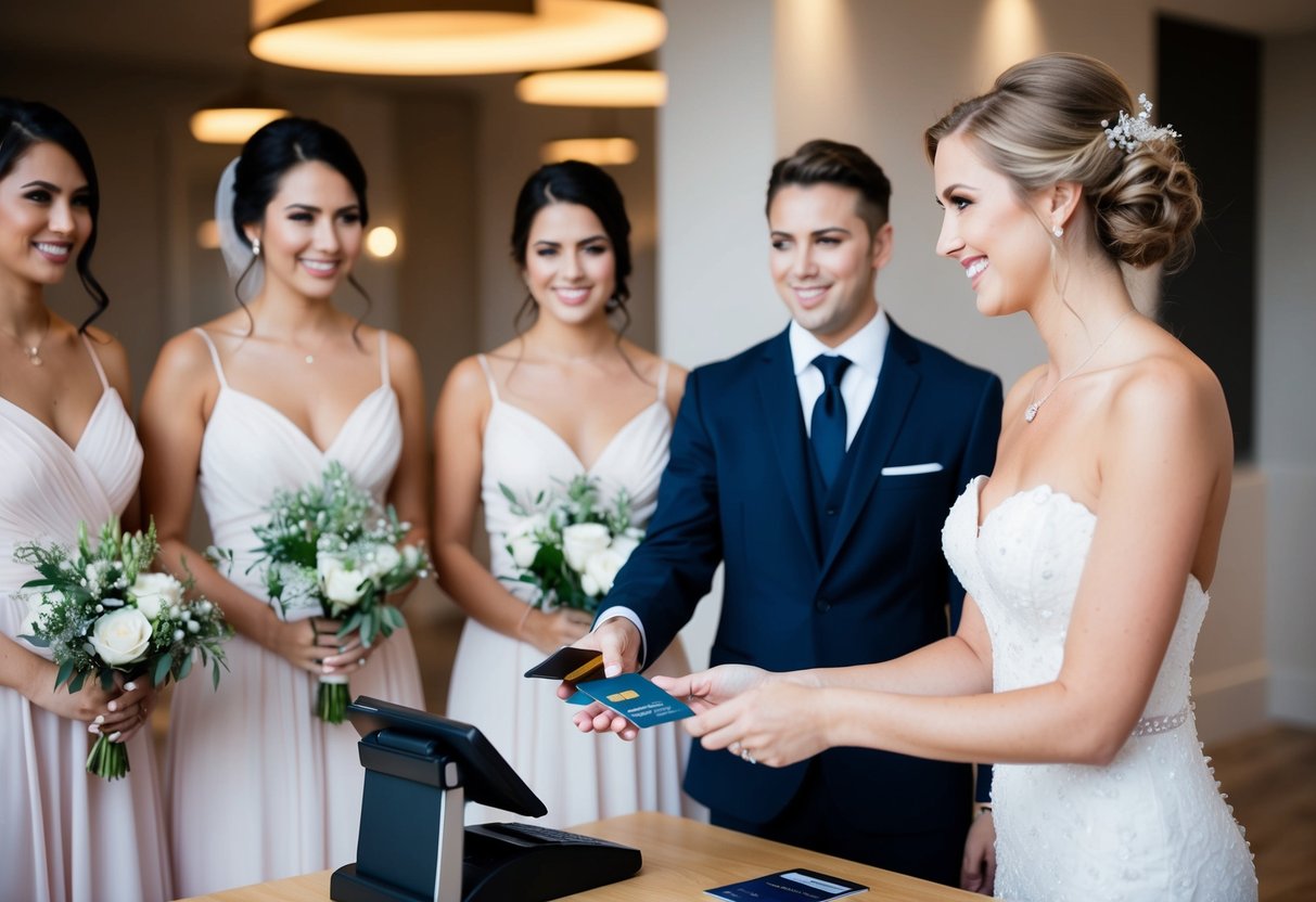 A bride handing over a credit card to a cashier while her bridesmaids stand beside her, holding dresses and accessories