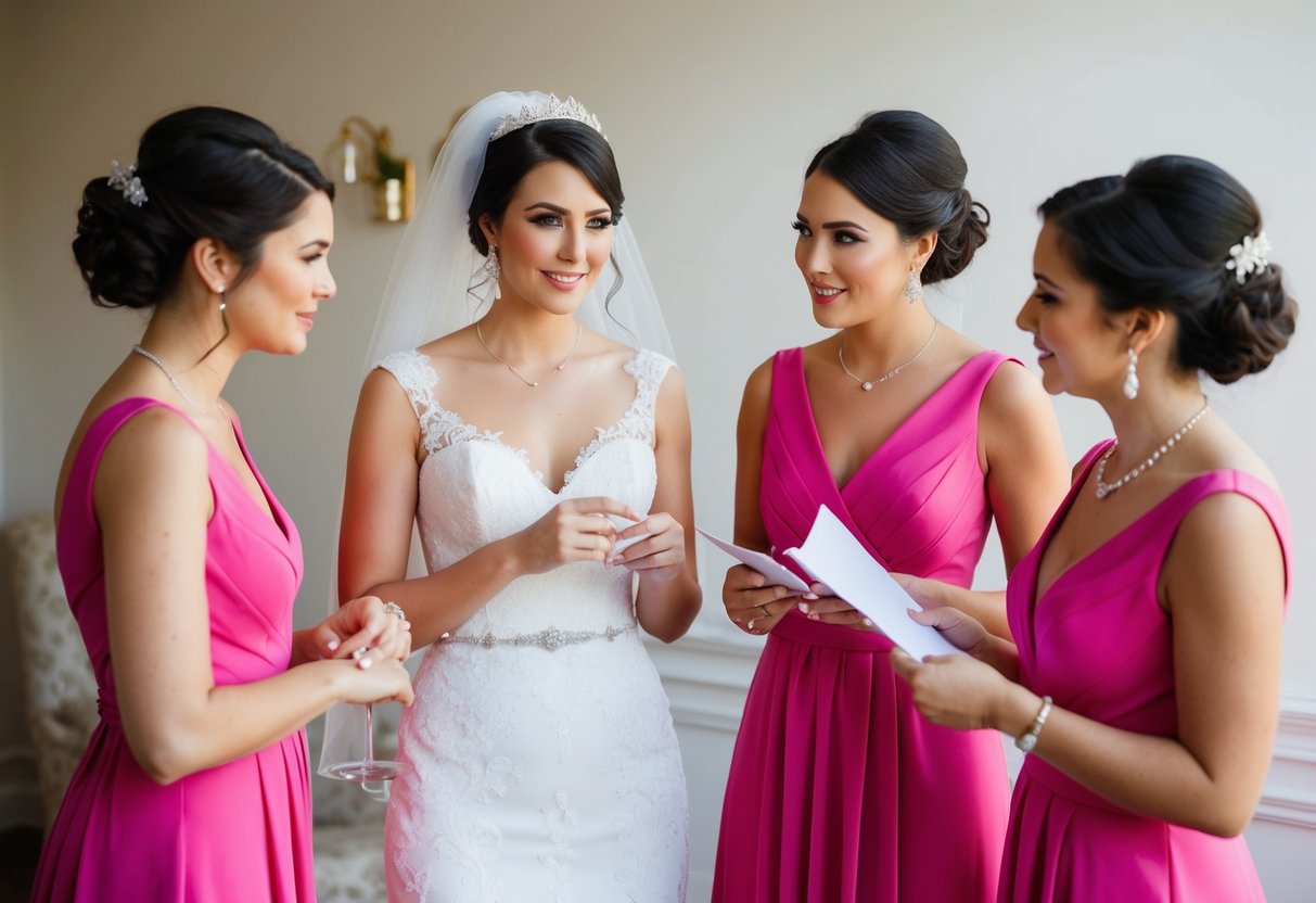 A bride and her bridesmaids discussing wedding expenses and etiquette