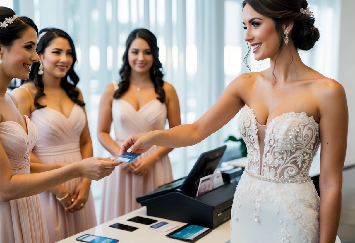A bride handing over a credit card to a cashier while her bridesmaids stand nearby, trying on dresses and accessories