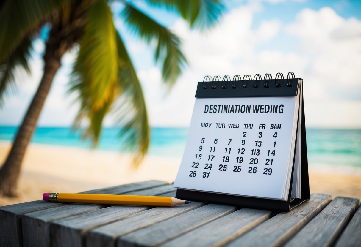 A calendar with a tropical beach background and a pencil marking the date of a destination wedding