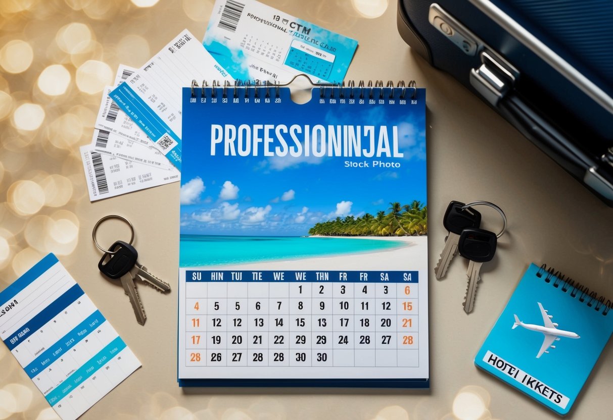 A calendar with a tropical beach backdrop, surrounded by plane tickets, hotel keys, and a suitcase