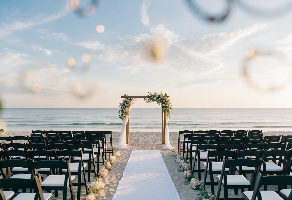 A picturesque beach with rows of empty chairs facing the ocean, a wedding arch adorned with flowers, and a gentle breeze blowing through