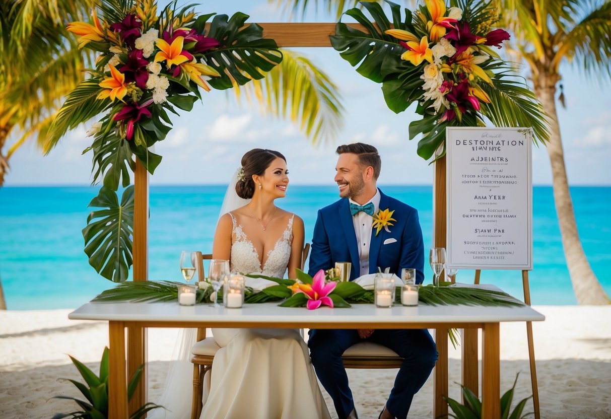 A bride and groom sit at a table, surrounded by tropical flowers and decorations. A sign displays various amenities and services offered to guests at a destination wedding