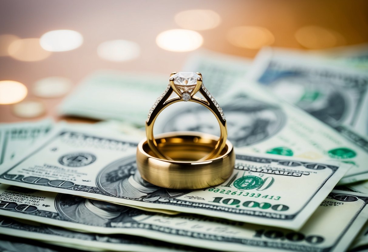 A wedding ring resting on a stack of $10,000 cash
