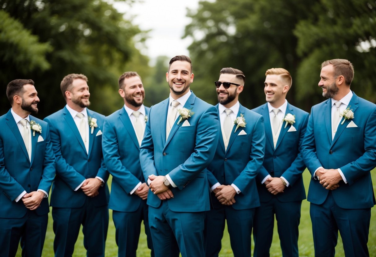 A group of groomsmen standing in a row, wearing matching suits and holding bouquets or boutonnieres. They are smiling and chatting with each other