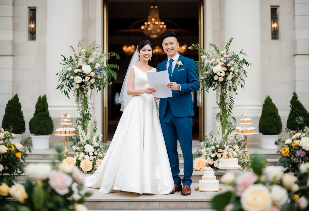 A wedding couple standing in front of a grand venue, surrounded by flowers, a cake, and other essential elements, while holding a budget sheet