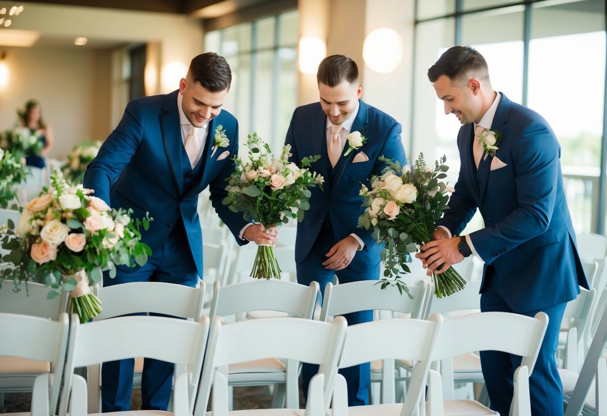 Groomsmen arranging flowers, setting up chairs, and preparing the venue for the wedding ceremony