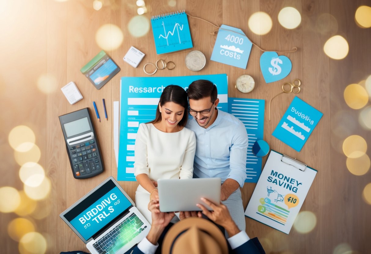 A couple researching wedding costs, surrounded by budgeting tools and money-saving tips