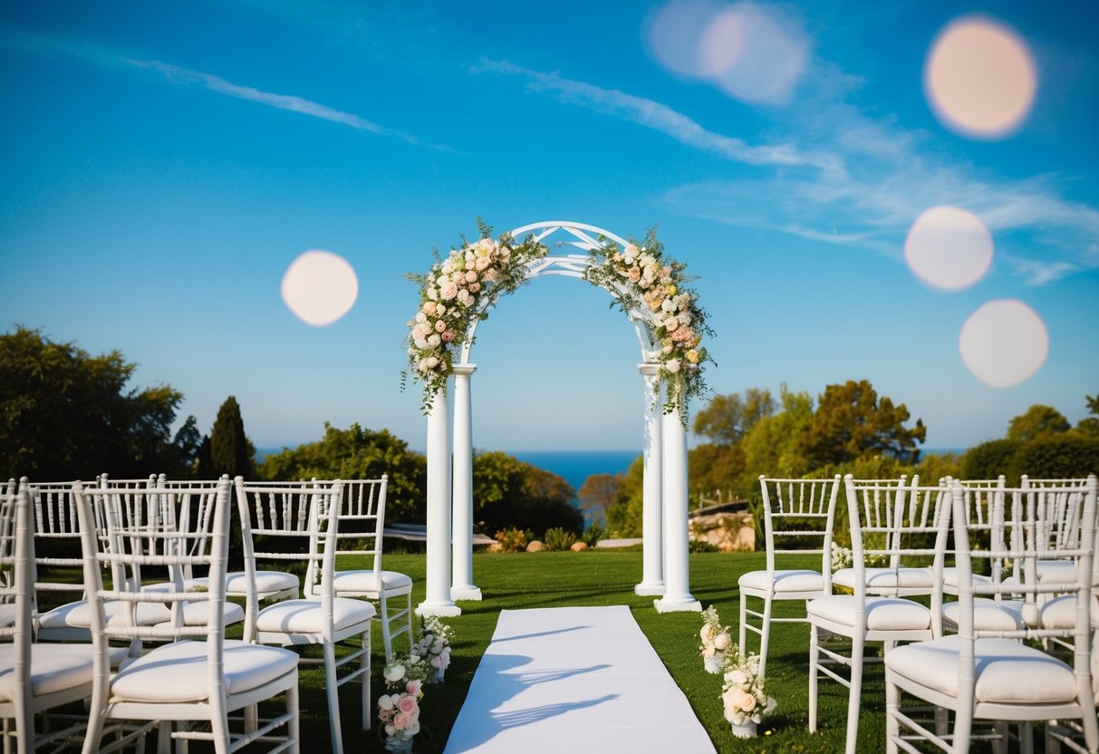 A scenic outdoor wedding venue with blooming flowers, elegant chairs, and a decorative archway under a clear blue sky
