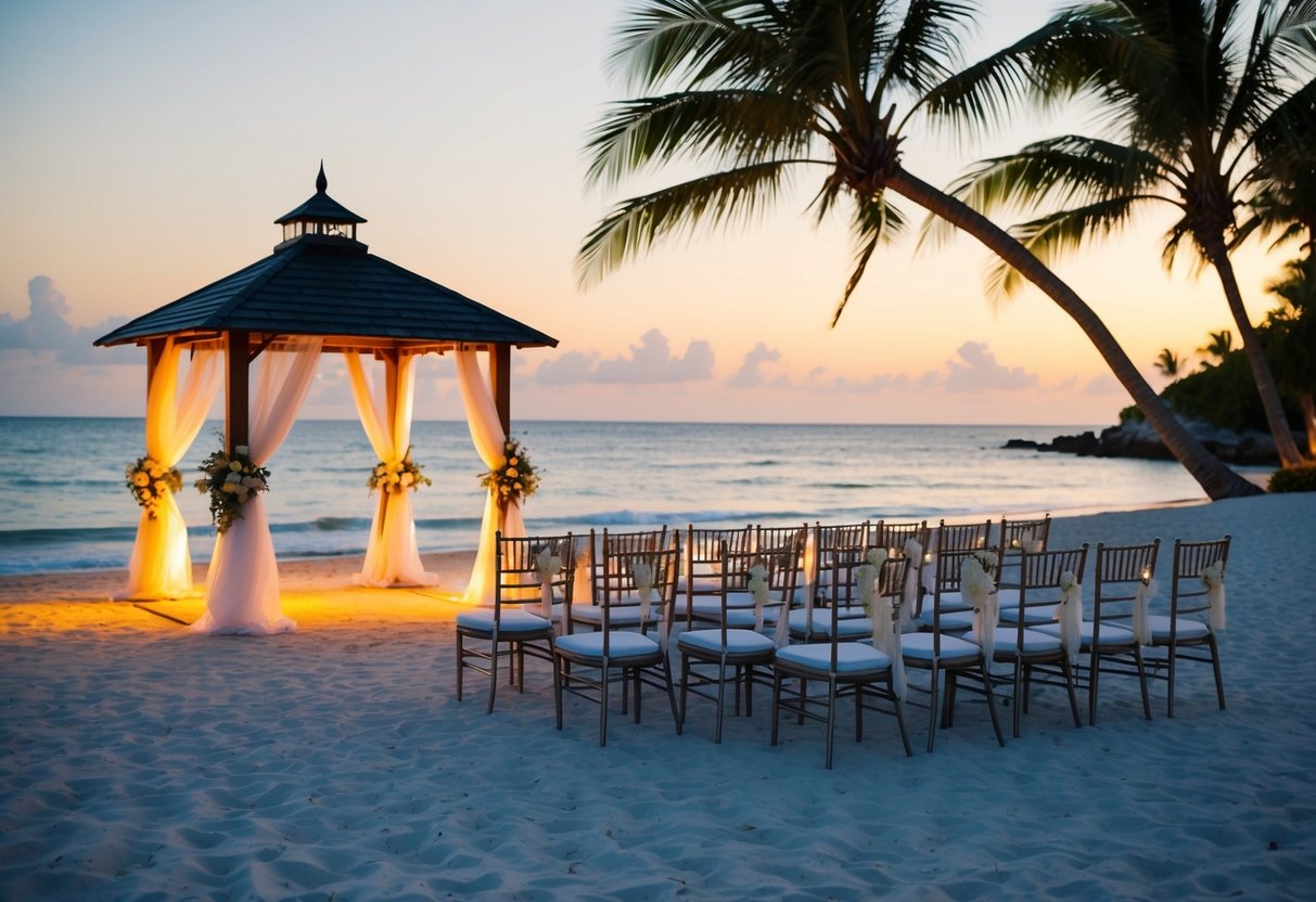 A serene beach at sunset, with a beautifully decorated gazebo and chairs set up for a wedding ceremony. Palm trees sway in the background, and the ocean sparkles in the evening light