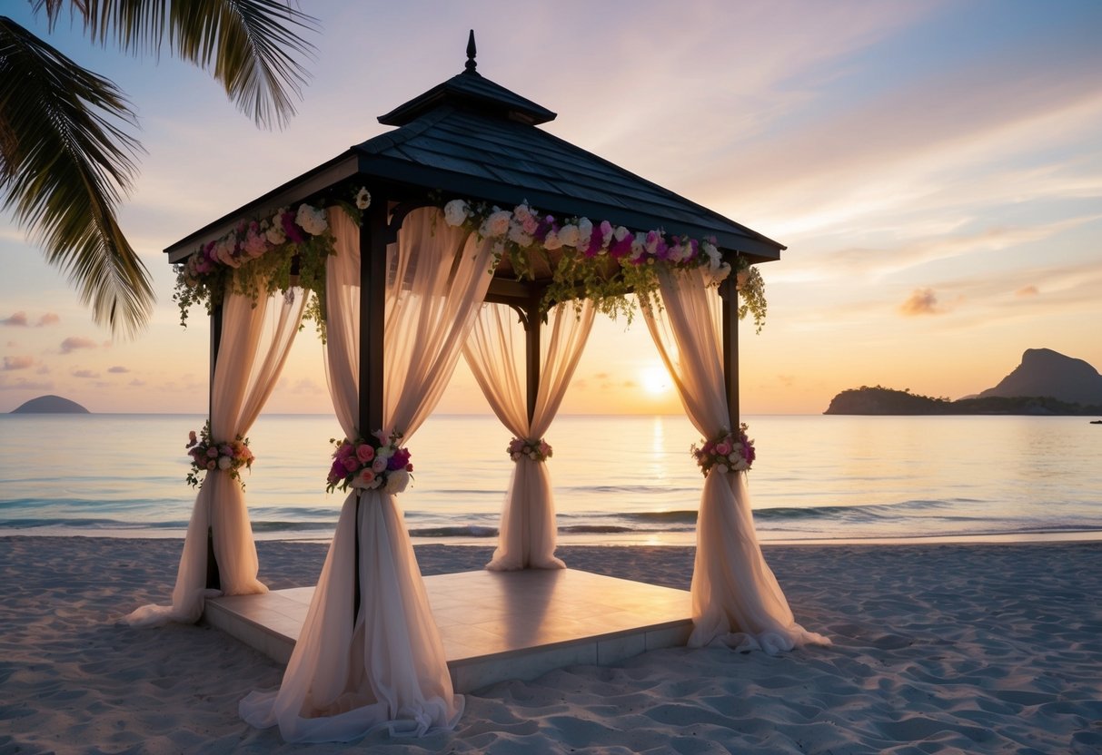 A serene beach at sunset, with a romantic gazebo adorned with flowers and flowing fabric, overlooking crystal-clear waters and a distant tropical island