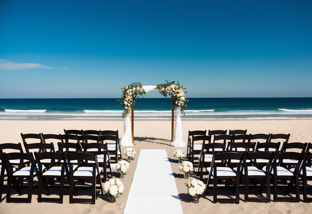 A picturesque beach with chairs arranged for a wedding ceremony, overlooking the ocean with a clear blue sky above