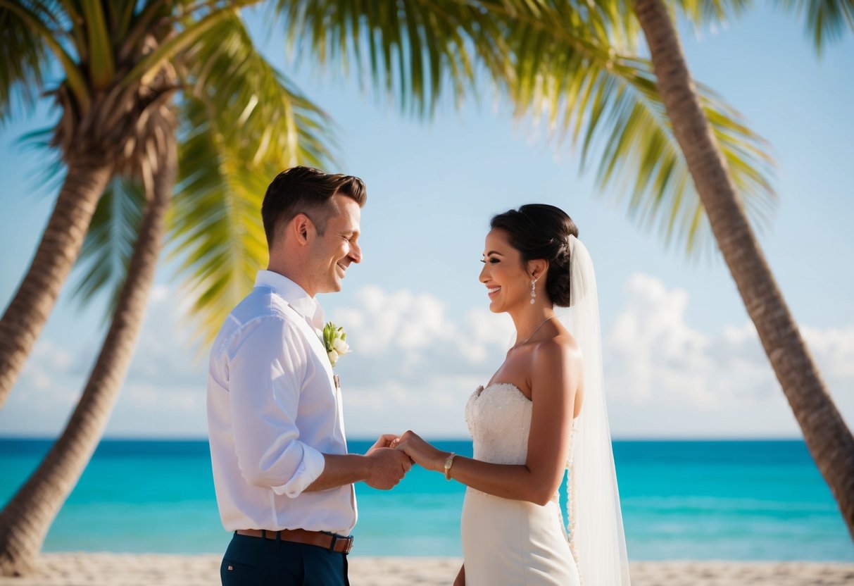 A couple exchanging vows on a tropical beach with palm trees and clear blue water in the background