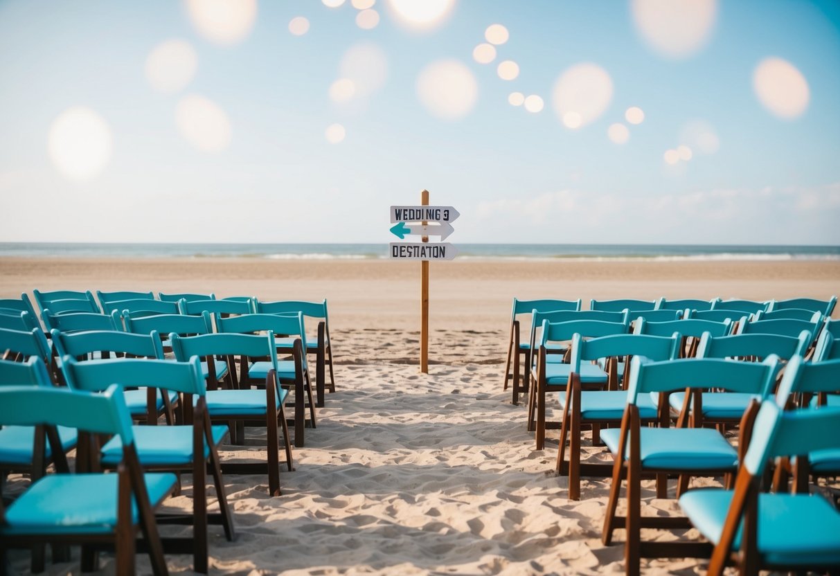 A beachside wedding with rows of empty chairs and a sign indicating the destination. A deserted setting with no guests in sight