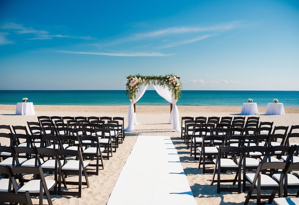 A beachfront wedding venue with rows of empty chairs and tables set for a reception under a clear blue sky