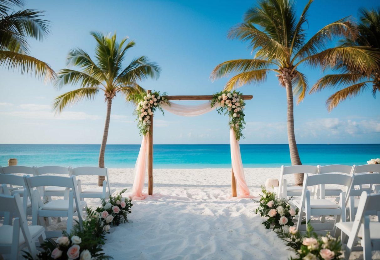 A beach wedding with palm trees, white sand, and a clear blue ocean in the background. A wooden arch adorned with flowers and draped fabric stands in the center