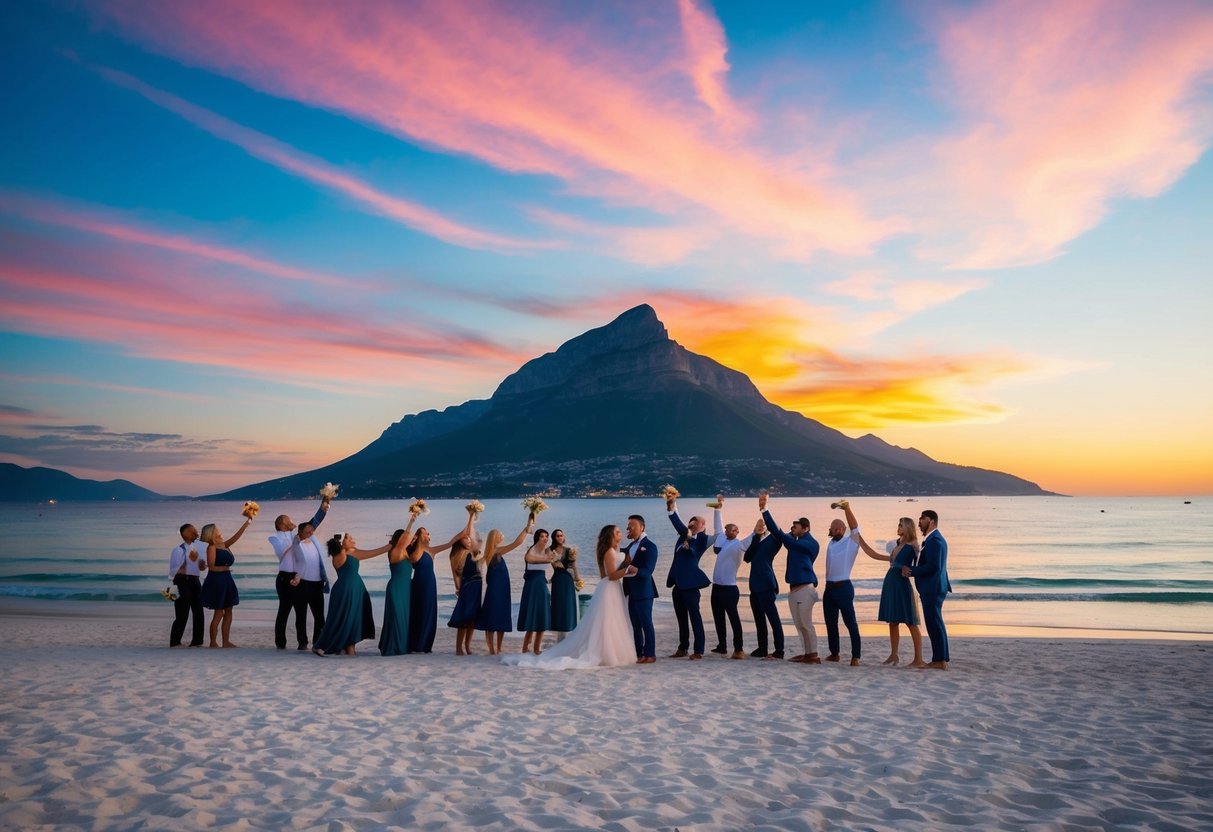 A beautiful beach with a colorful sunset, a stunning mountain backdrop, and a small, intimate gathering of people celebrating