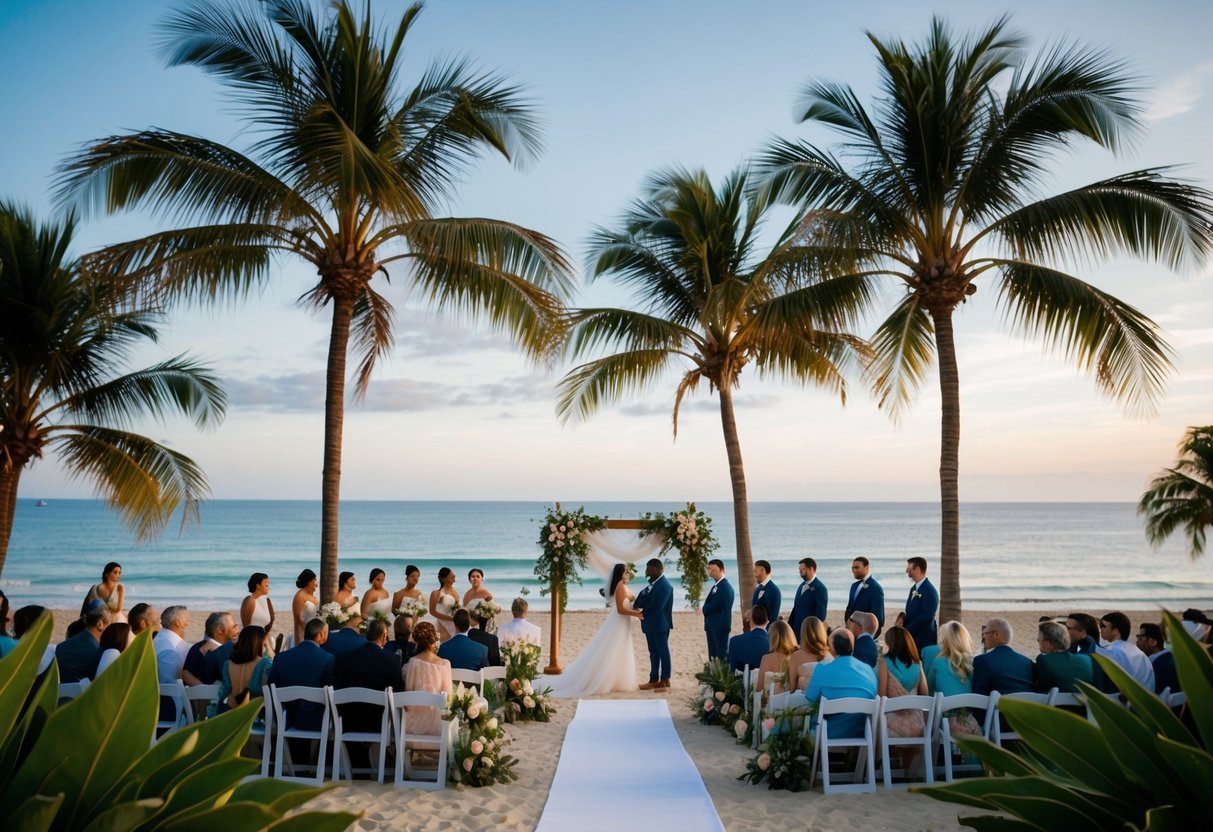 A beach with a wedding setup, surrounded by palm trees and overlooking the ocean, with guests enjoying the celebration