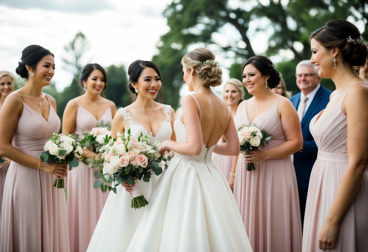 A maid of honor holding a bouquet and standing beside the bride, helping her with her dress. They are surrounded by bridesmaids and family members