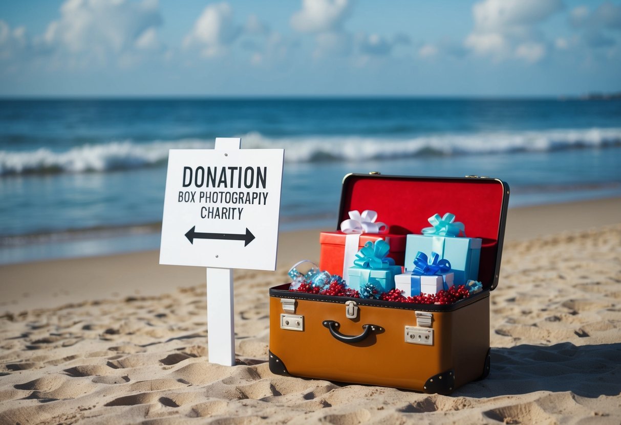 A beach wedding with a suitcase filled with gifts and a sign pointing to a donation box for charity