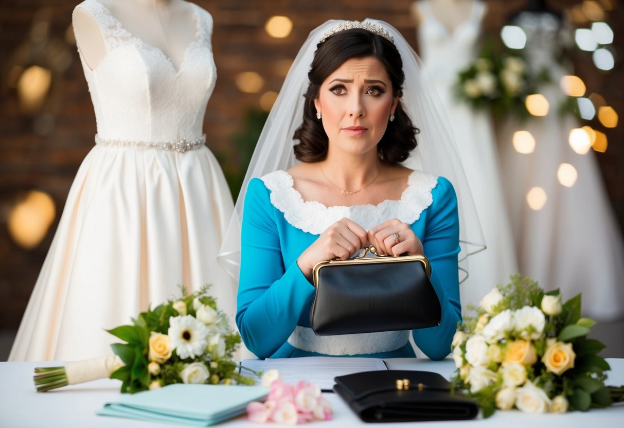 The maid of honor holding a purse, surrounded by wedding-related expenses like dresses, flowers, and decorations, with a concerned expression on her face