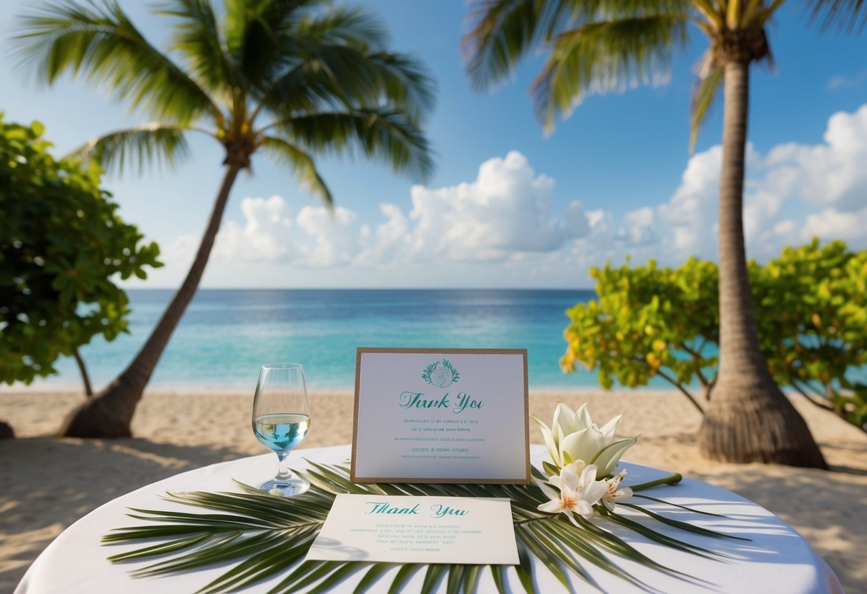 A tropical beach setting with a wedding invitation and a thank-you note on a table, surrounded by lush palm trees and a serene ocean view