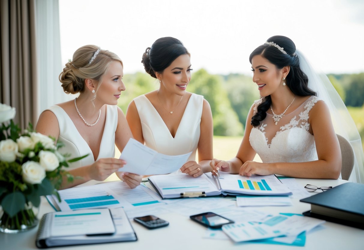 The maid of honour is seen discussing wedding expenses with the bride, surrounded by budget spreadsheets, receipts, and wedding planning books