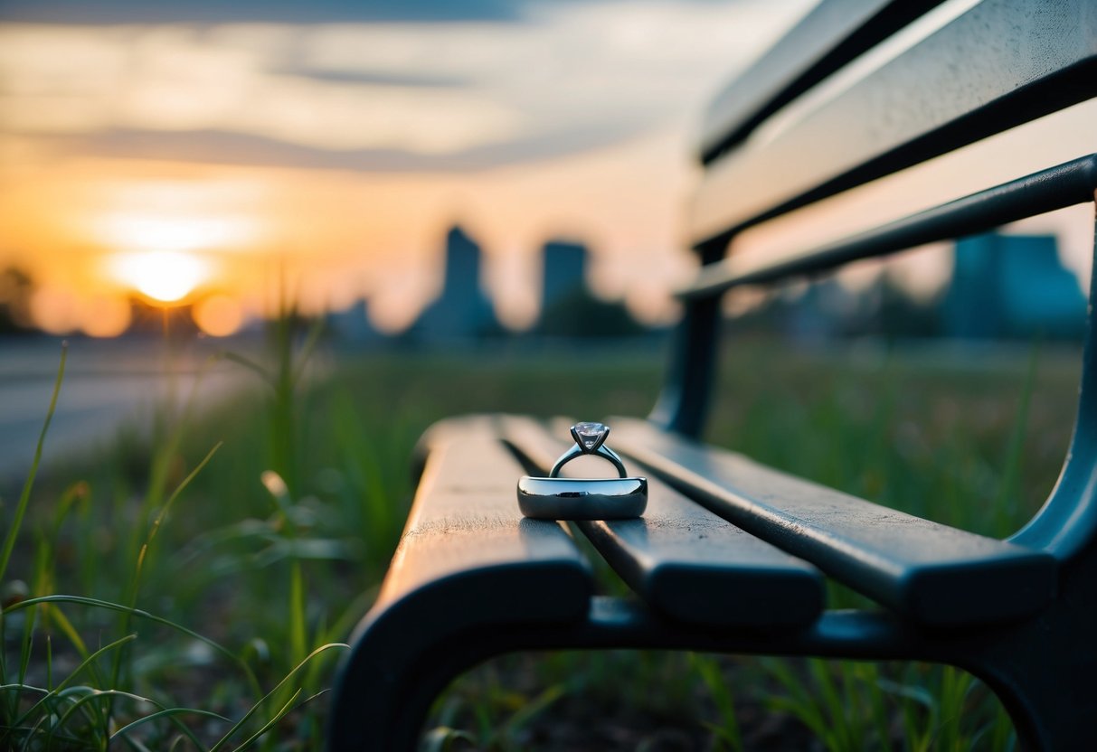 A wedding ring left on a deserted park bench, with overgrown grass and a fading sunset in the background