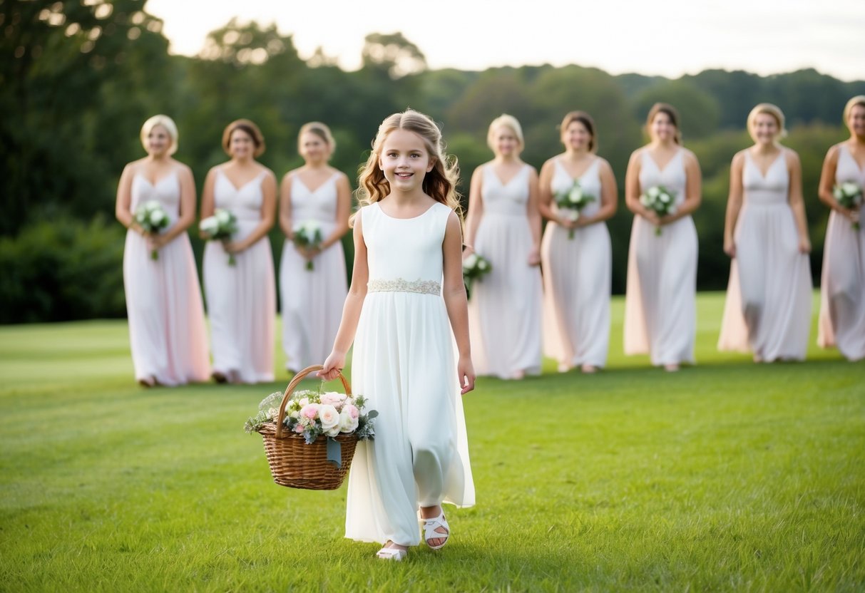 A young girl with a basket of flowers walks ahead of a group of bridesmaids