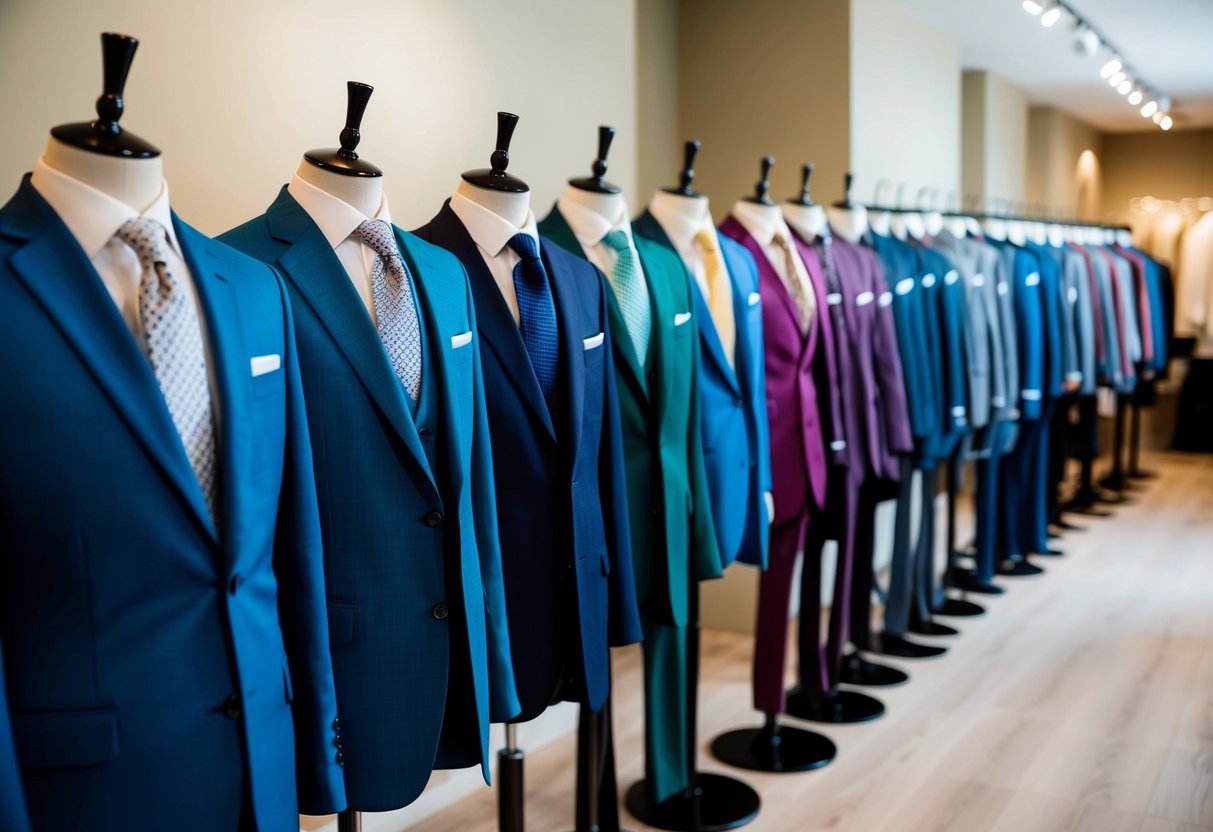 A row of neatly arranged groomsmen suits in various colors and styles, displayed on mannequins in a well-lit boutique showroom