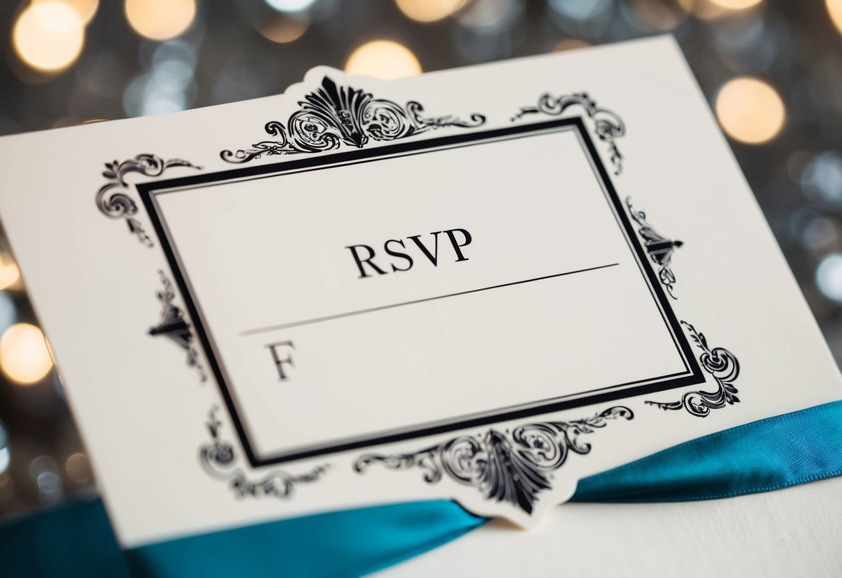 A fancy invitation with a blank space for "RSVP" and a decorative "F" emblem