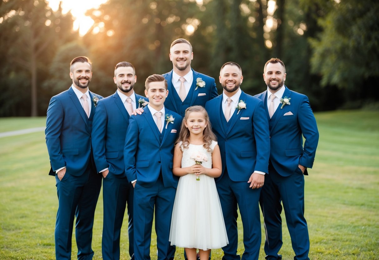 A group of groomsmen and a girl standing together, smiling and posing for a photo