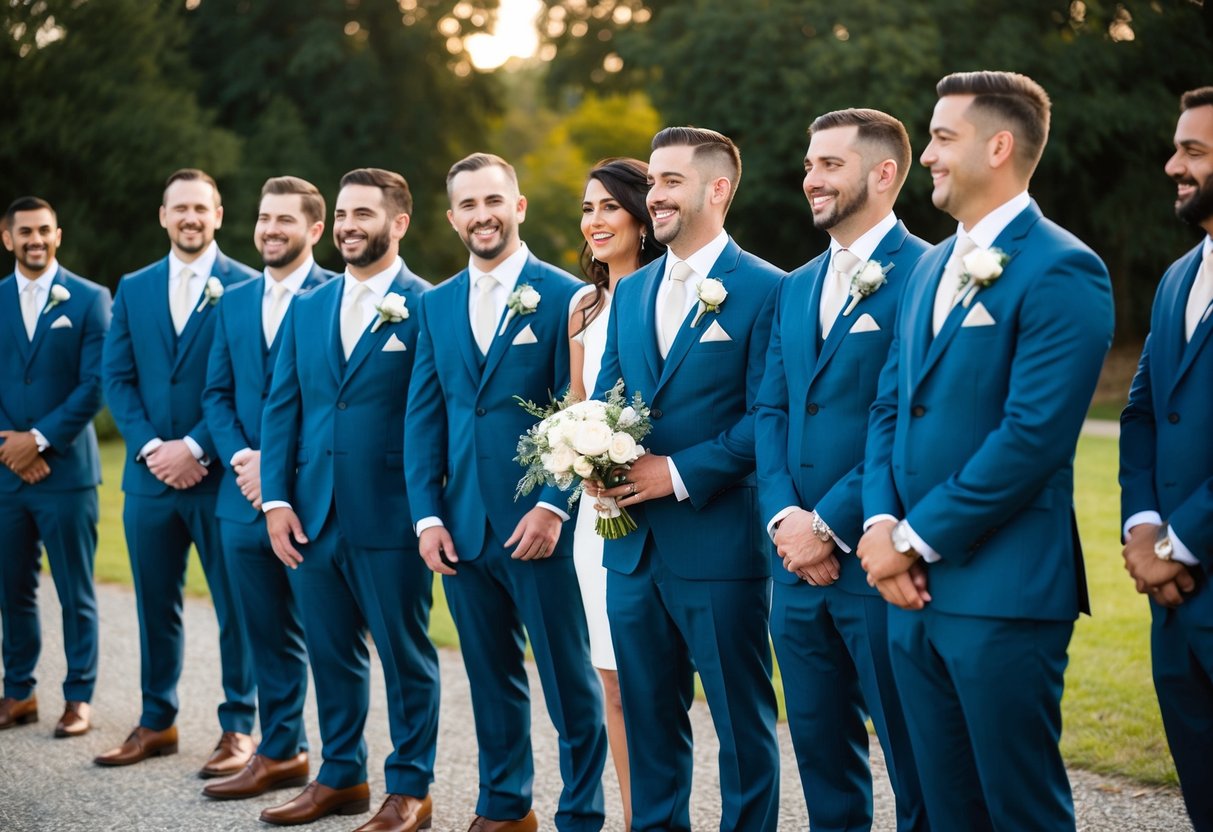 A group of groomsmen and a woman, all dressed in matching suits, stand together in a line, smiling and laughing as they plan for the wedding