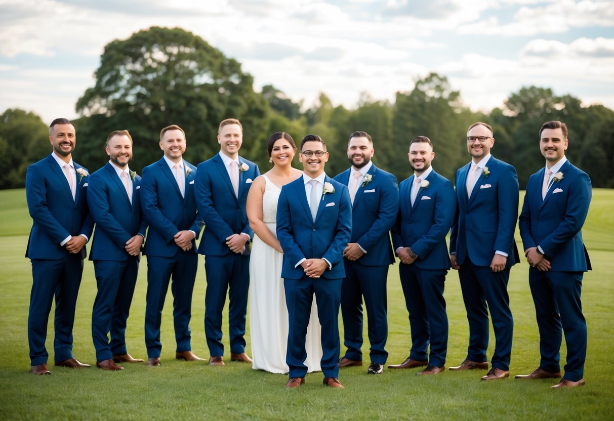 A group of wedding party members standing together, one individual dressed in nontraditional attire, representing a nonbinary groomsmen
