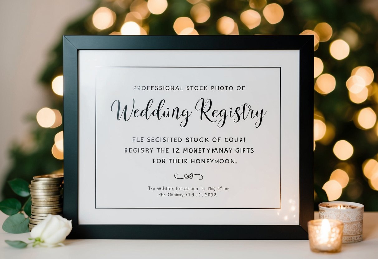 A couple's wedding registry with a note requesting monetary gifts for their honeymoon